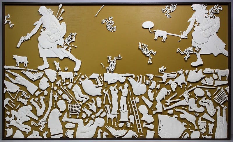 Bas relief sculpture depicting two figures running to the left, both carrying baskets, with the one on the left wielding a pistol with a revolving chamber and the one on the left wielding a sword. Skeletal figures fall from the sky, partially merging into the two running figures. The ground is made up of many different objects, both ancient and modern.